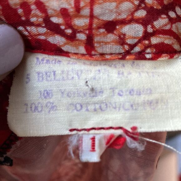 100% Cotton Red Batik Modest High Neck Floor Length Ruffled Maxi Dress Malaysian - Picture 9 of 11